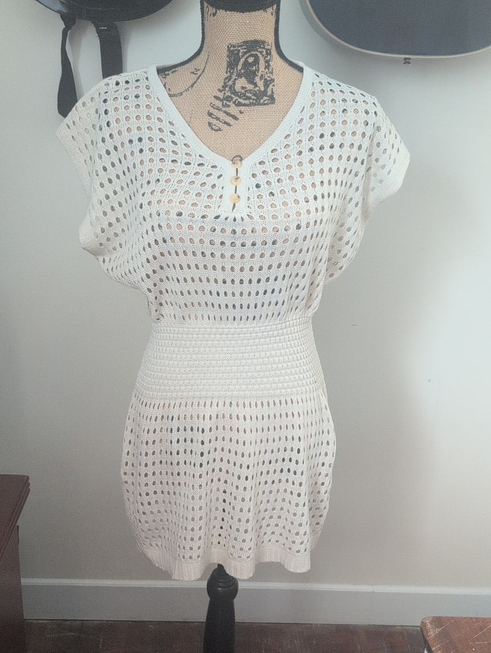 Cupshe White Crochet Knit Short Sleeve Tunic Dress